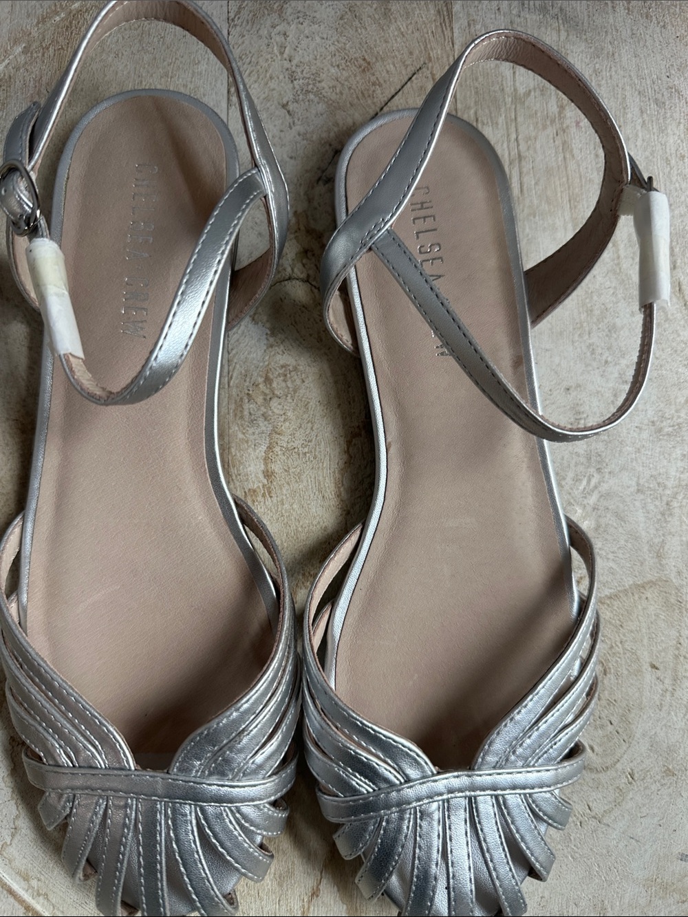 chelsea crew metallic silver leather slingback sandals